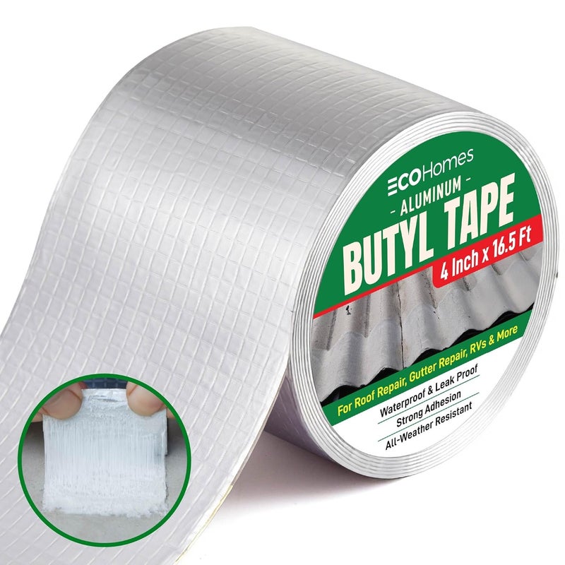 ECOHomes Aluminum Butyl Tape, Waterproof Aluminum Foil Tape for Leaks (4 Inch Wide) | Butyl Seal Tape for Roofs, Gutter Repair, Gutter Holes, Pipes, Metal Roof Patch, RV, Plumbing and Outdoor Sealing - Image 1